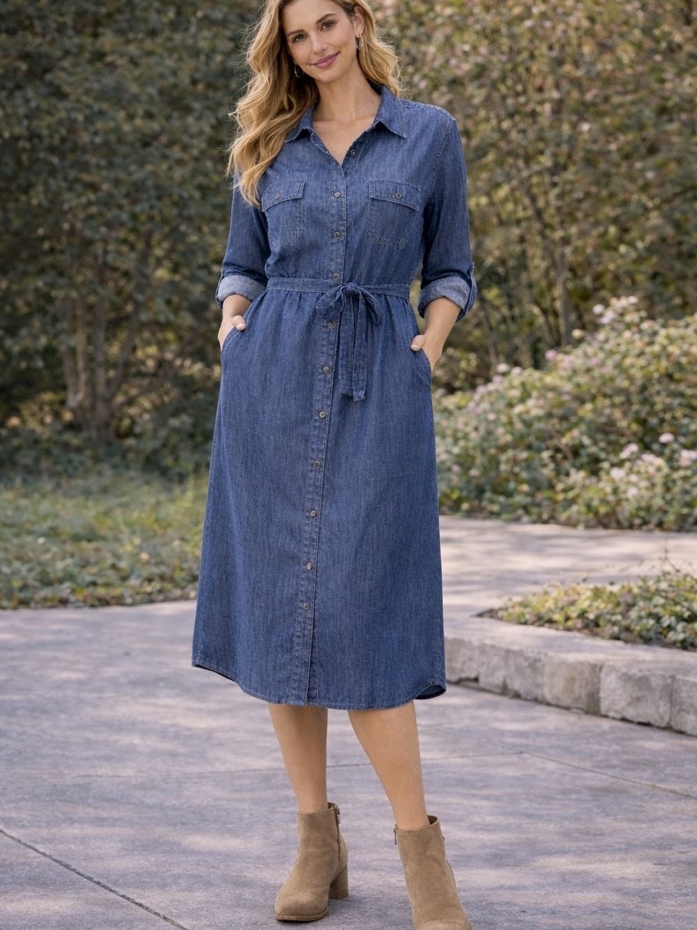 Simply Emma XL Denim Shirt Dress Tie Waist Button Front 100% Cotton